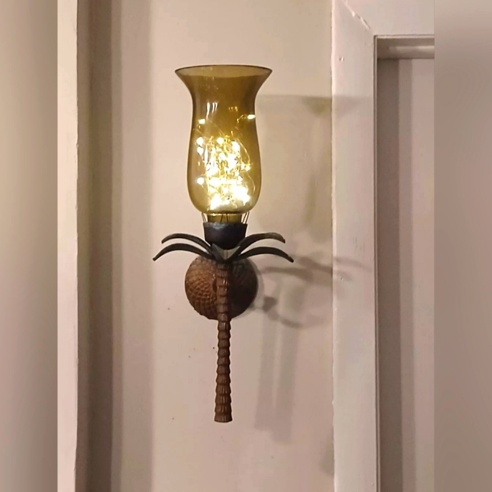 (3)Vintage Coastal Metal Palm Tree Wall Mount Candle Holder Sconces